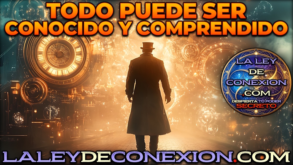 Hombre con gabardina larga de cuero y sombrero caminando hacia una luz rodeada de relojes circulares estilo reloj de bolsillo.